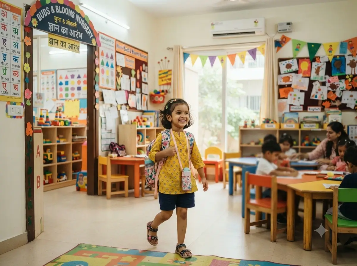 Happy child in a colorful nursery classroom
