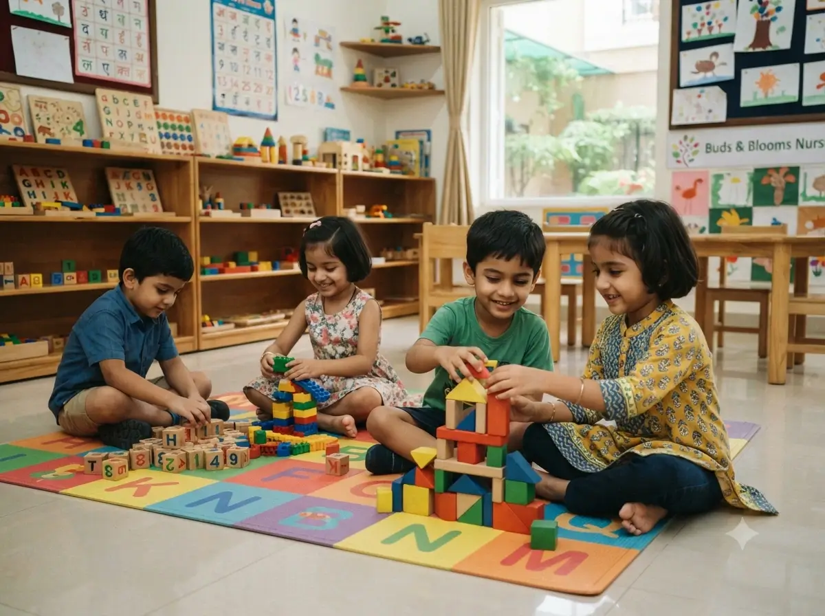 Children playing with educational blocks and toys