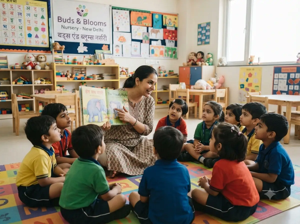 A teacher reading a picture book to attentive nursery students