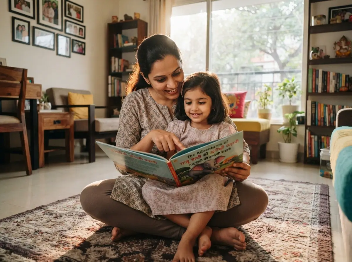 A parent and child reading together at home