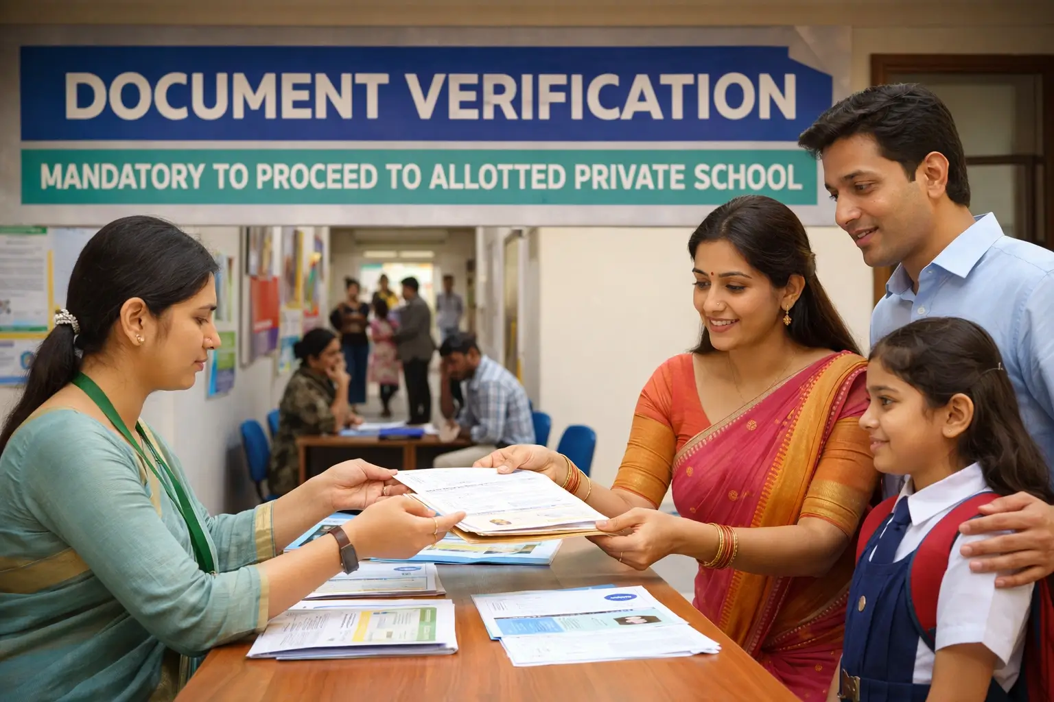 Parent submitting their child's documents at the admission verification centre