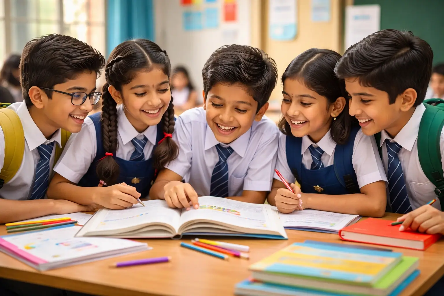 Diverse group of children learning happily together in a classroom