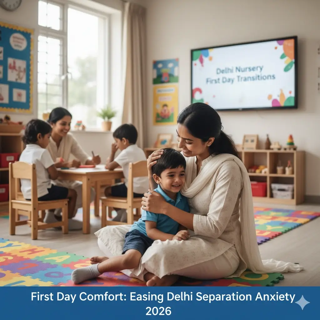 Nursery teacher comforting child first day school Delhi separation anxiety