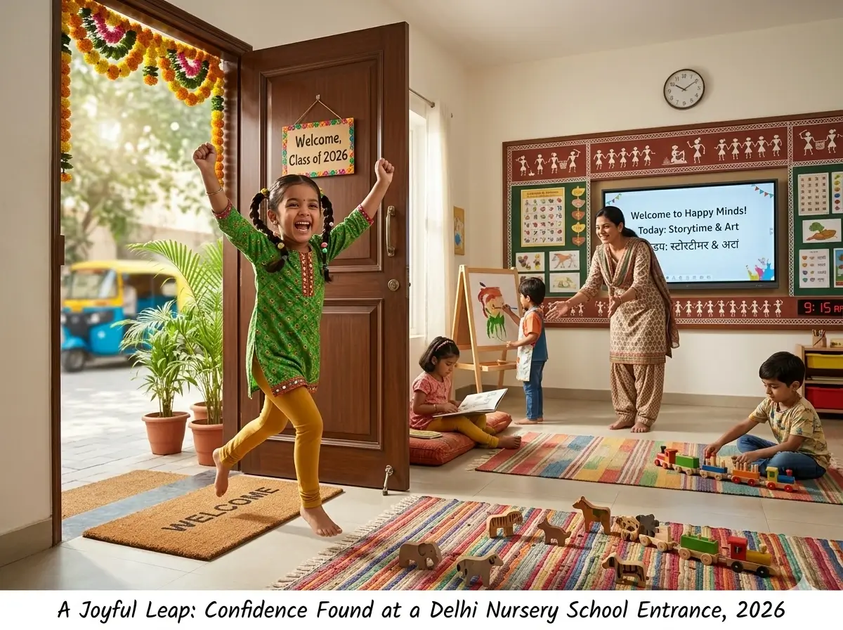 Happy child running into Delhi nursery school classroom confident after separation anxiety