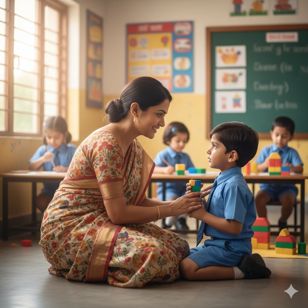 Teacher kneeling to a child's level and smiling warmly in classroom