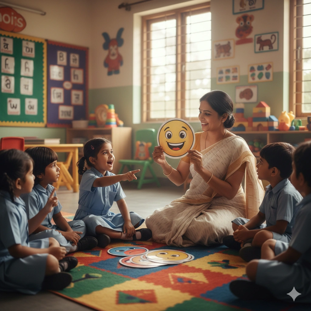 Children in a circle activity identifying emotions with a teacher