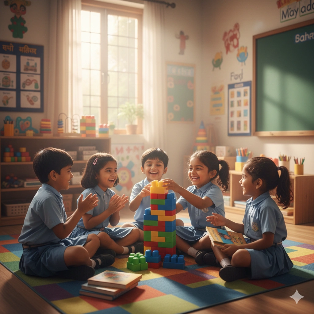 Children playing together in a classroom smiling and engaged