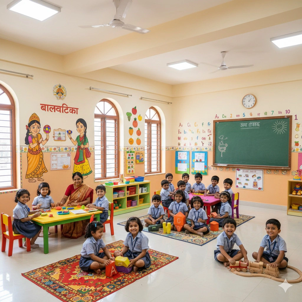 Happy children in Balvatika classroom playing and learning
