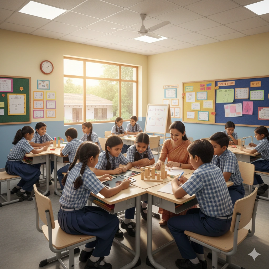 Modern classroom with engaged students learning collaboratively