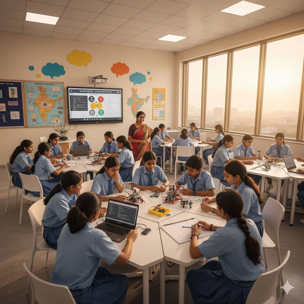 Diverse students collaborating in classroom
