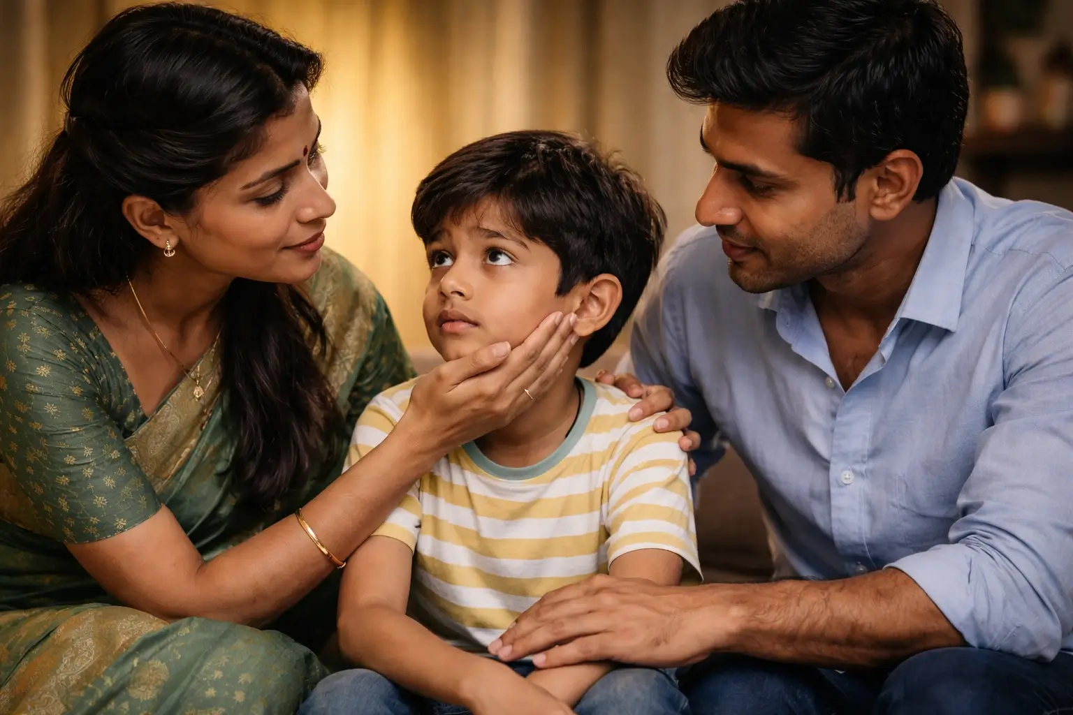 Parent comforting child with honest gentle communication at home
