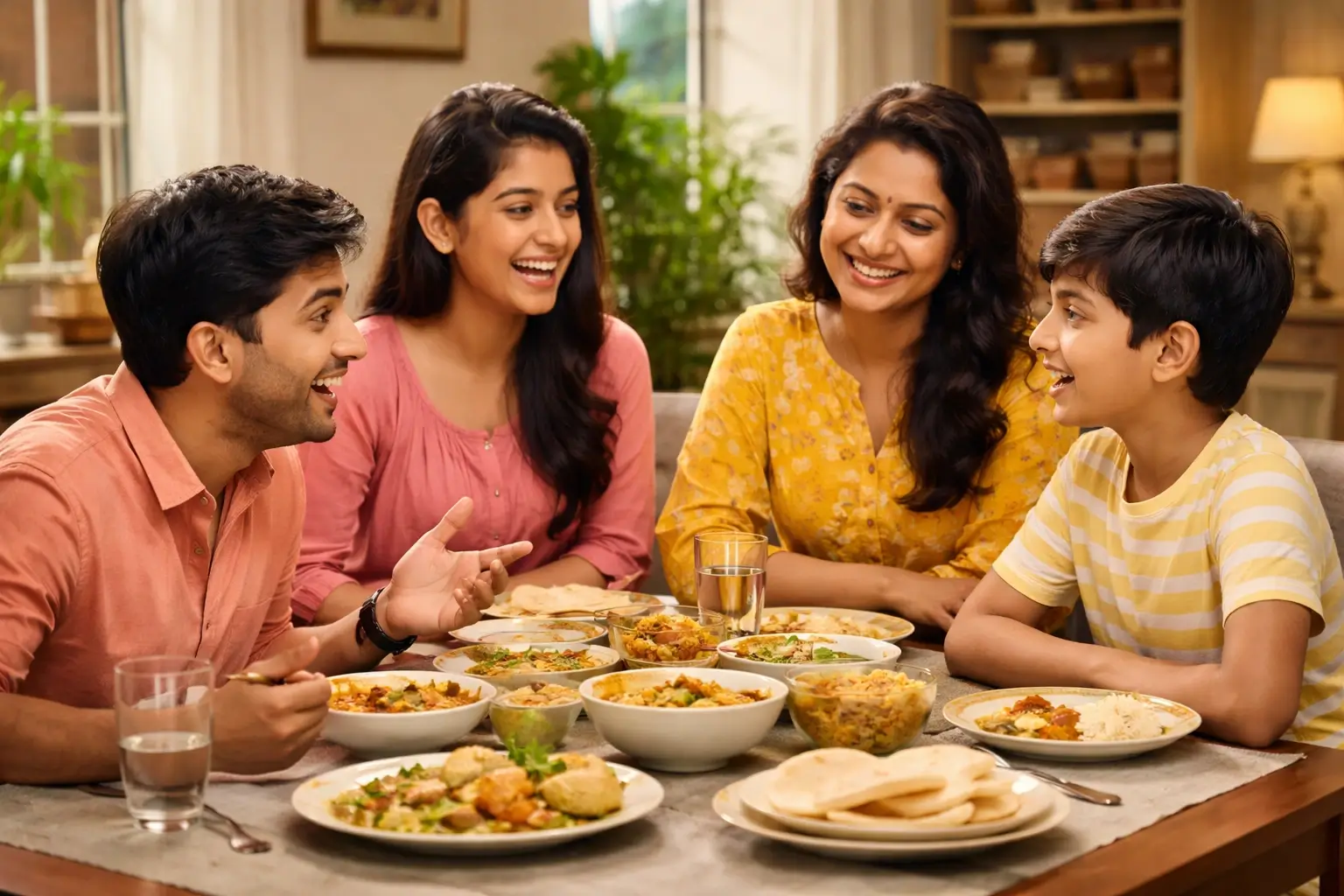 Happy family with honest open communication at the dinner table