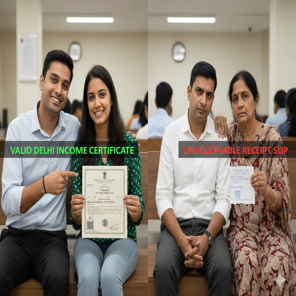 Valid Delhi income certificate vs unacceptable receipt slip