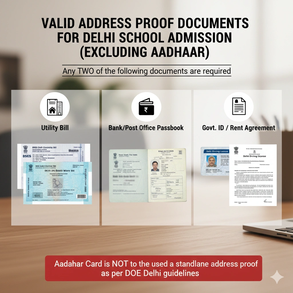 Valid address proof documents for Delhi school admission excluding Aadhaar