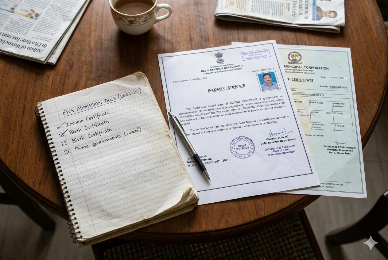 Checklist of EWS admission documents showing income certificate and birth certificate