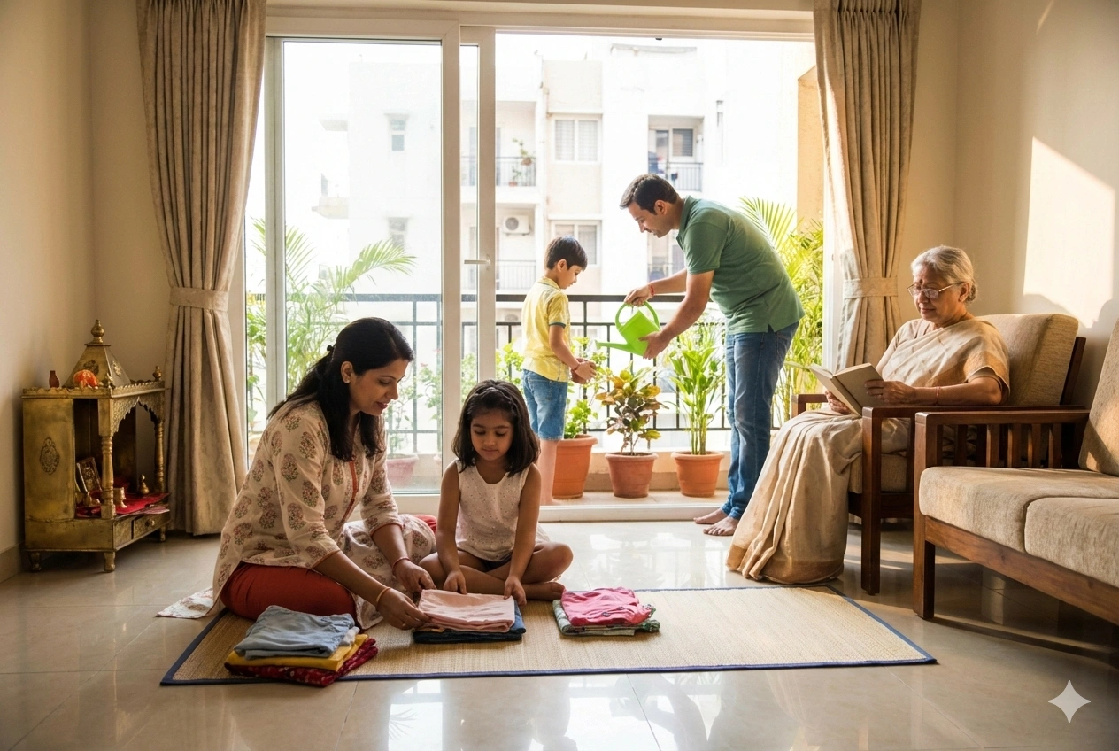 Family teaching values through daily activities at home