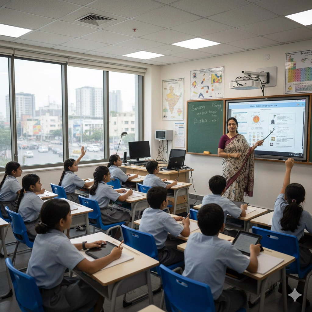 Teacher guiding students in classroom
