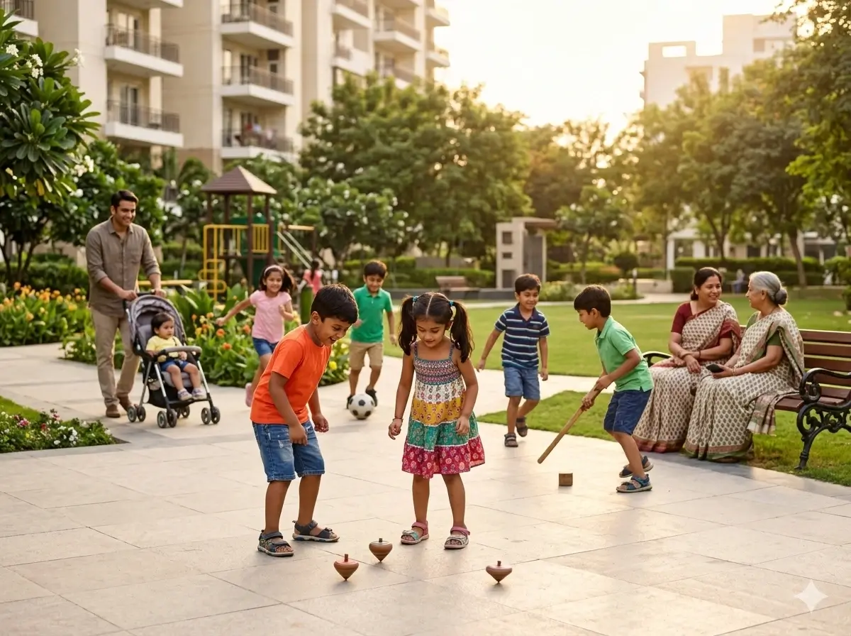 Children playing outdoors instead of looking at screens