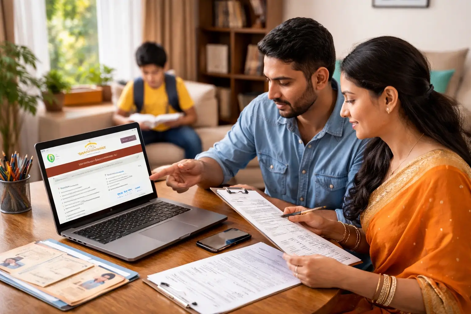 Parents checking documents and applying online