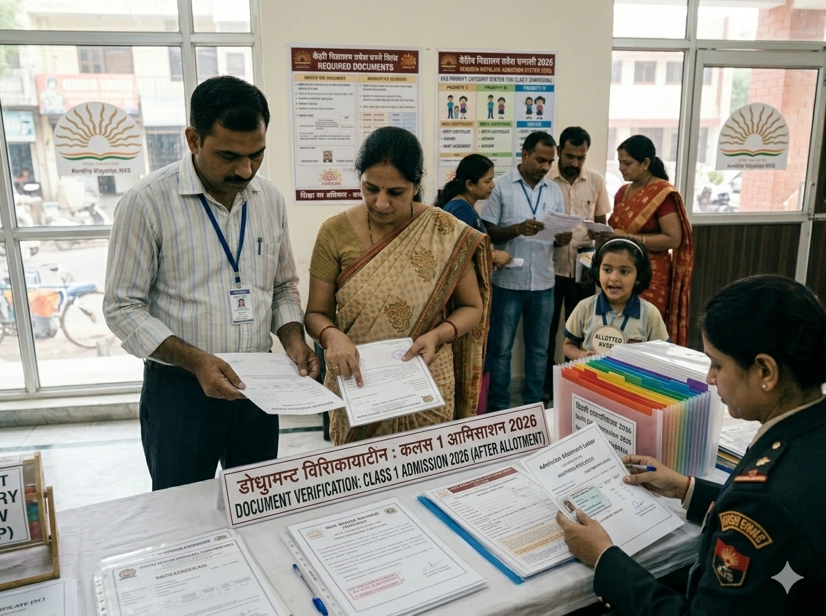 Parent submitting documents at Kendriya Vidyalaya for Class 1 admission verification after allotment 2026