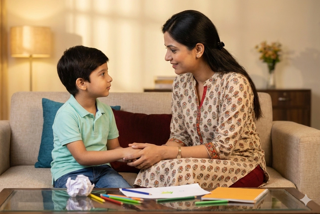 Mother and child having a supportive conversation about learning from mistakes