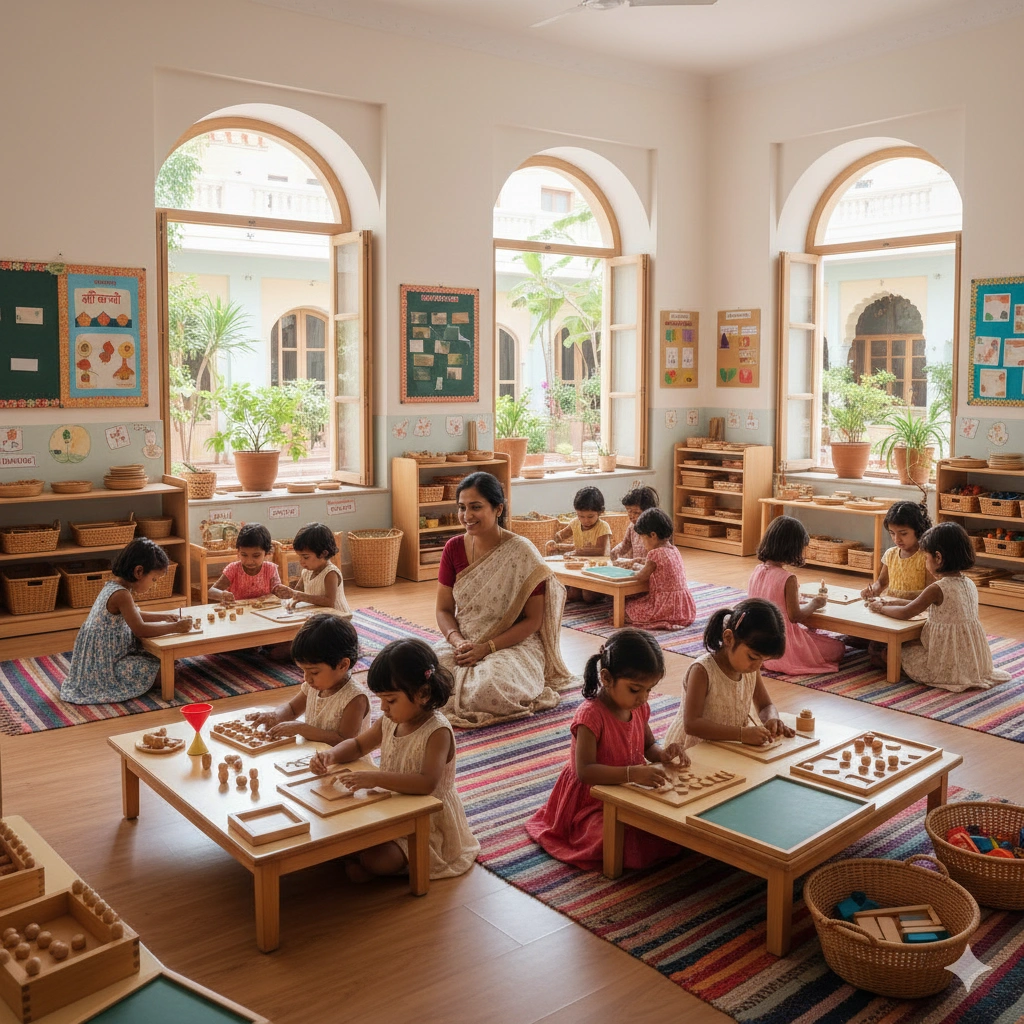 Montessori classroom with children engaged in hands-on learning activities