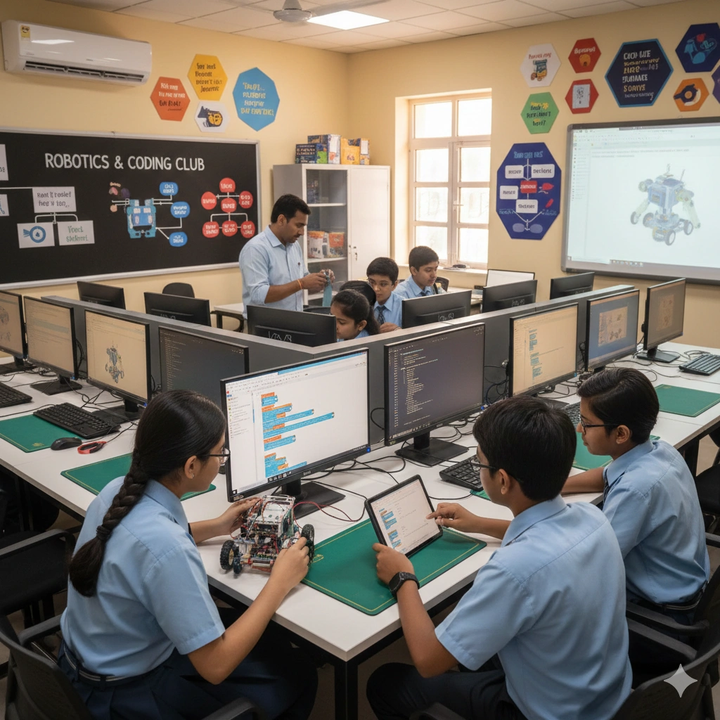 Middle school students learning robotics and coding as part of vocational training