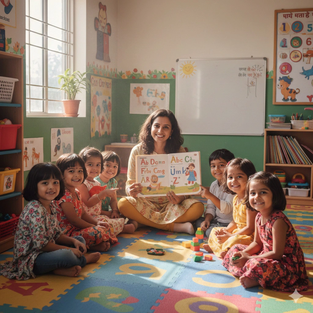 Happy Indian children learning in nursery classroom with teacher