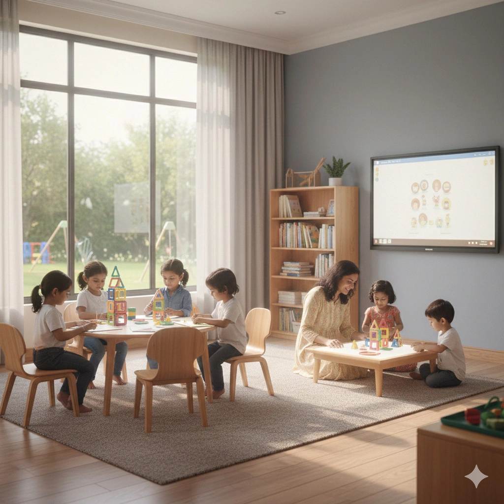 Indian preschool children engaged in play-based learning activities