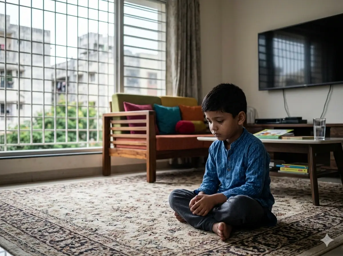 Child sitting anxiously alone, representing silent emotional vulnerability