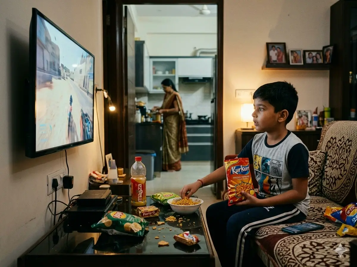 Child eating fast food in front of a screen