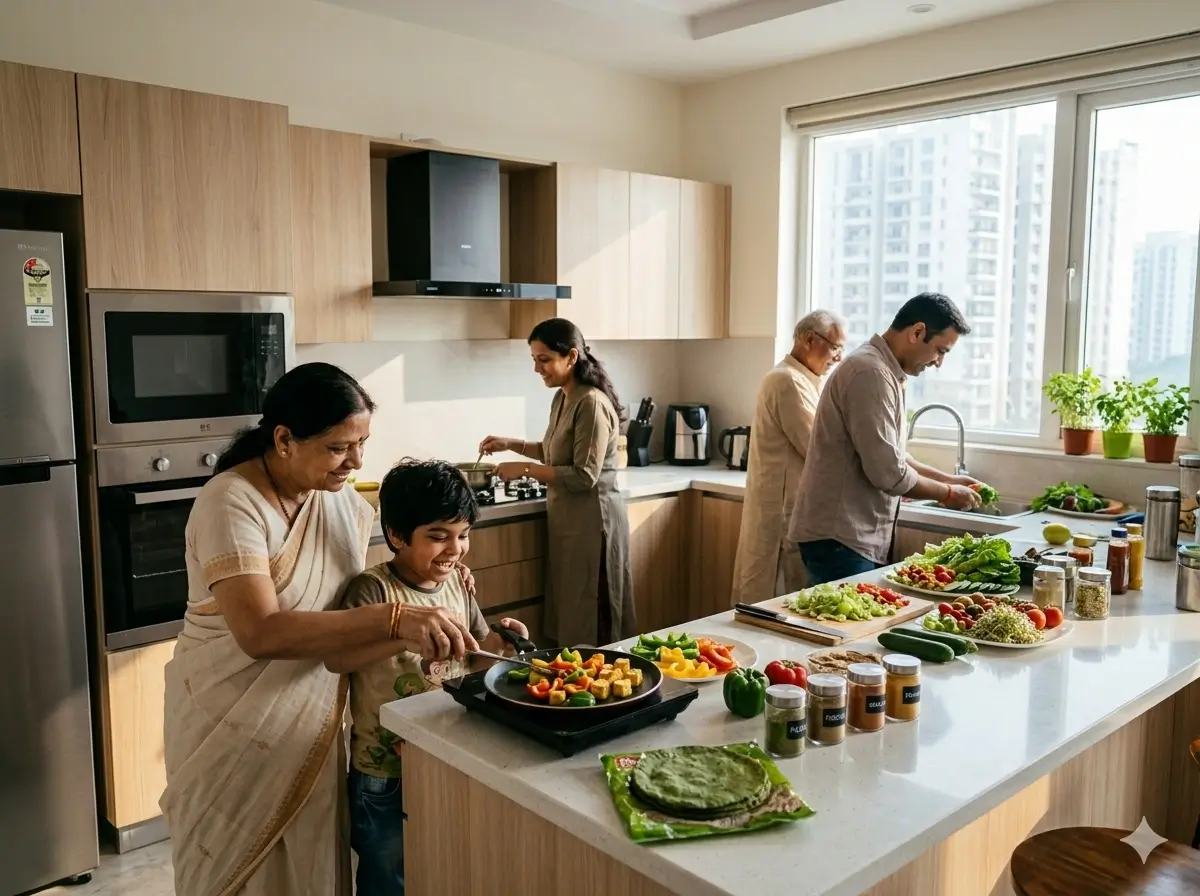 Family cooking healthy food together