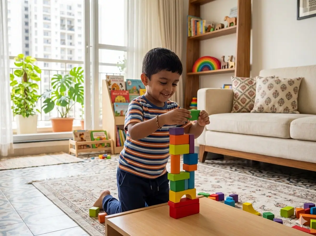 Child stacking colorful blocks to learn balance