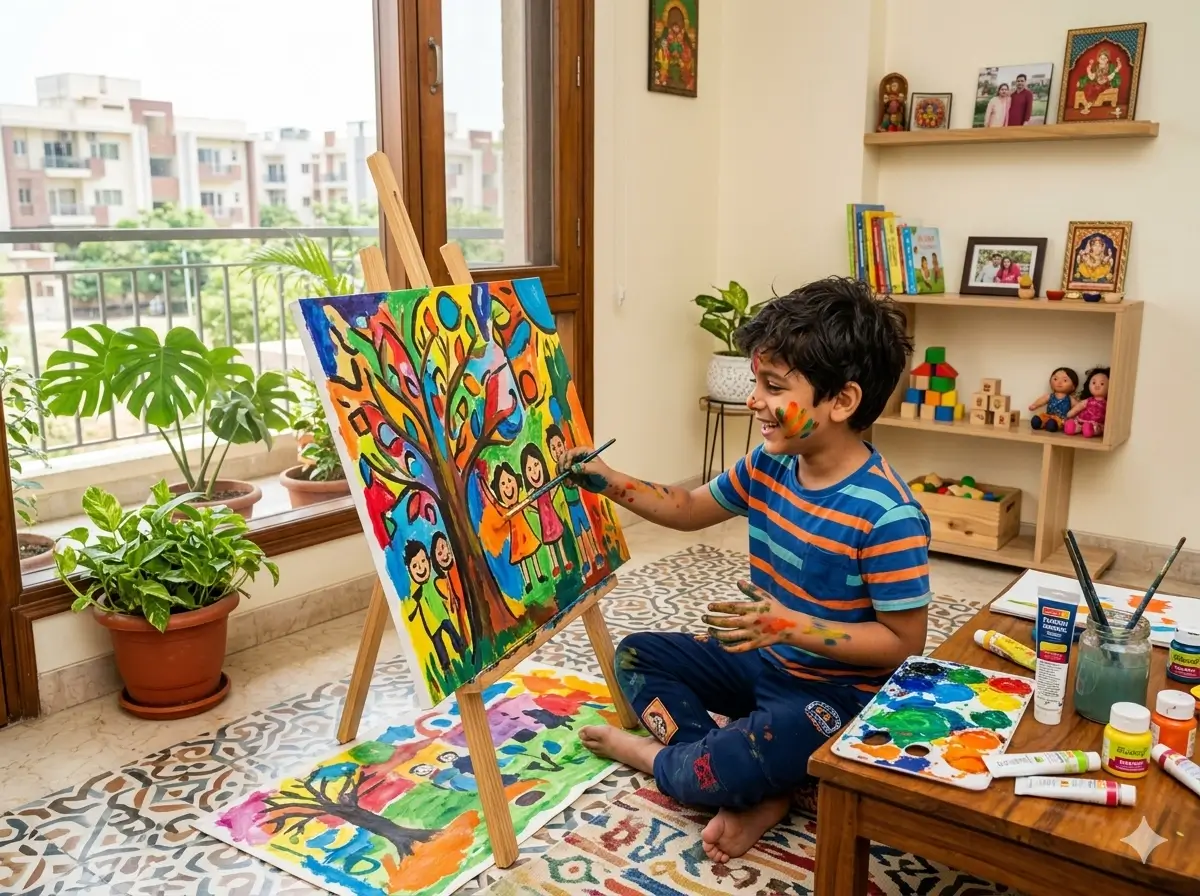 Child painting and expressing creativity