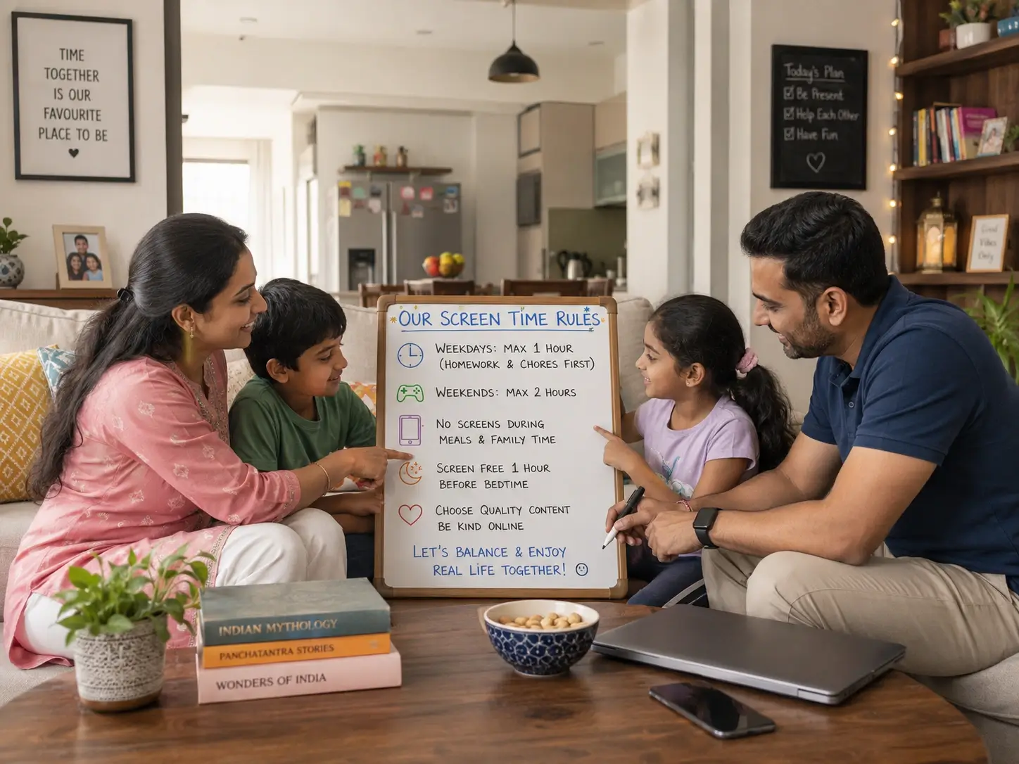 Family setting screen time boundaries together at home