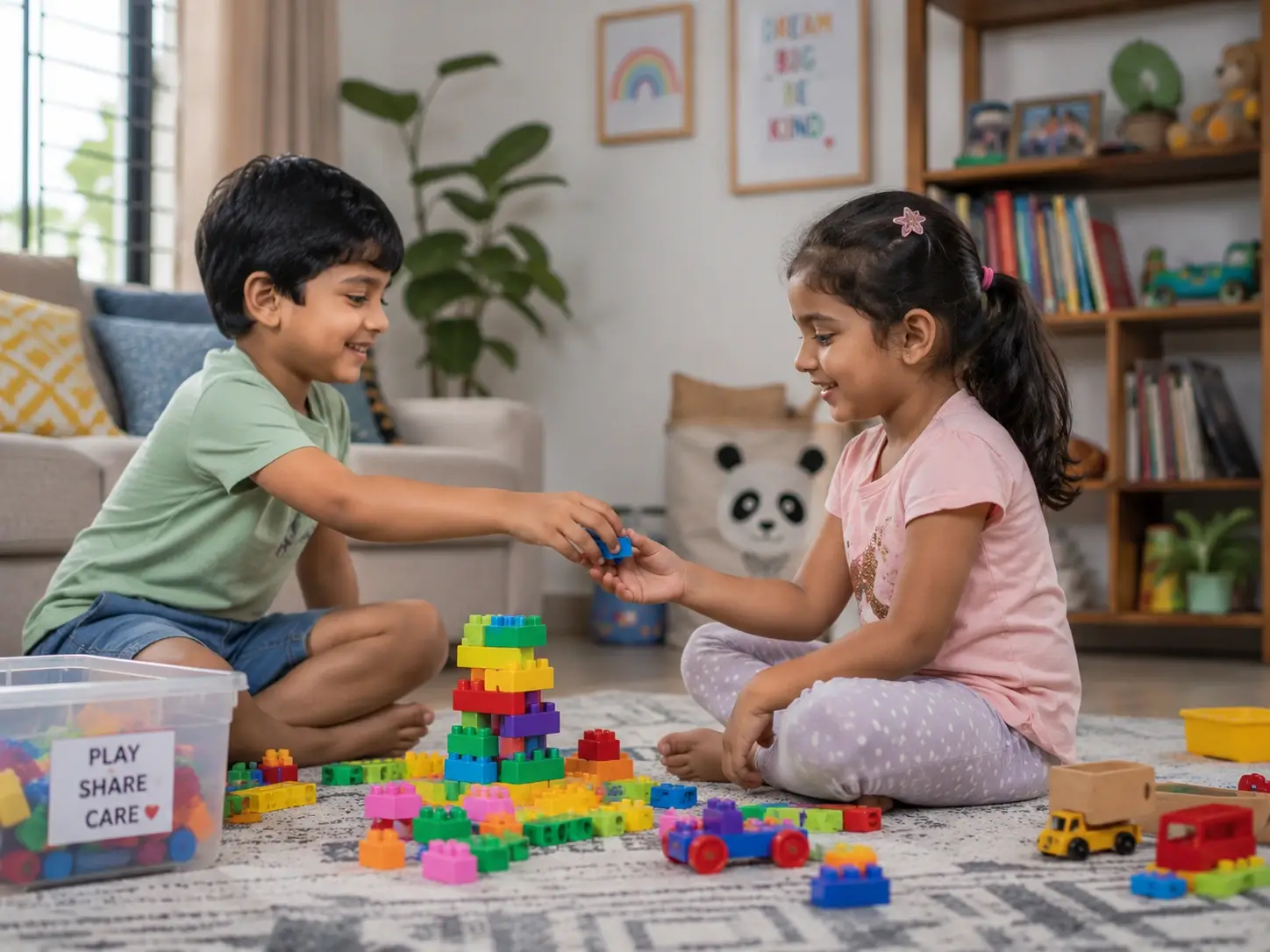 Children playing and sharing toys together