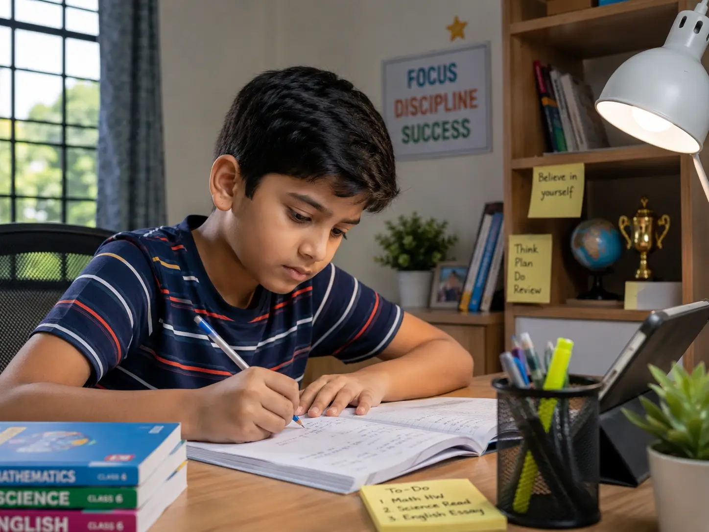 Child concentrating hard on homework