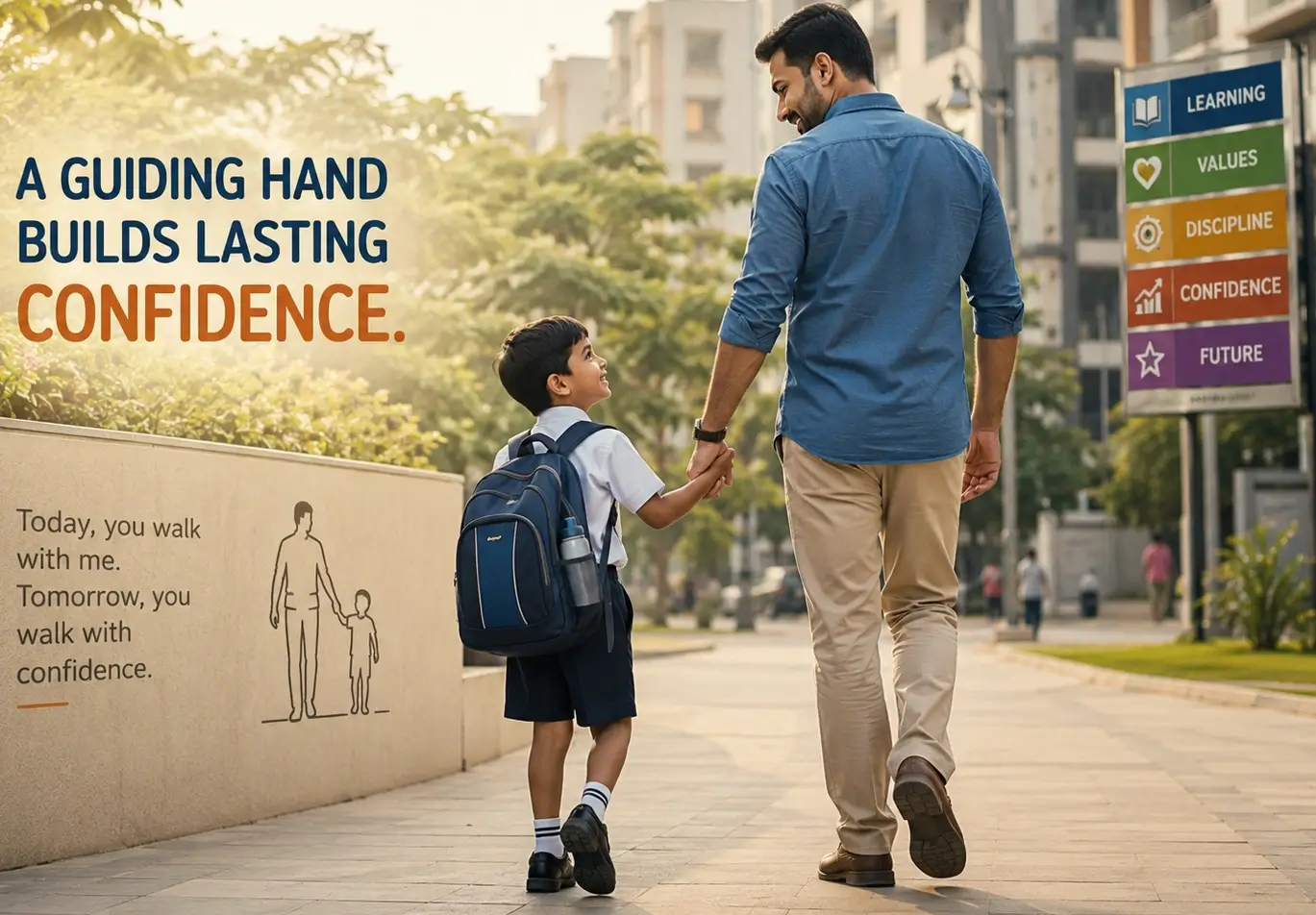 Father and child walking together outside