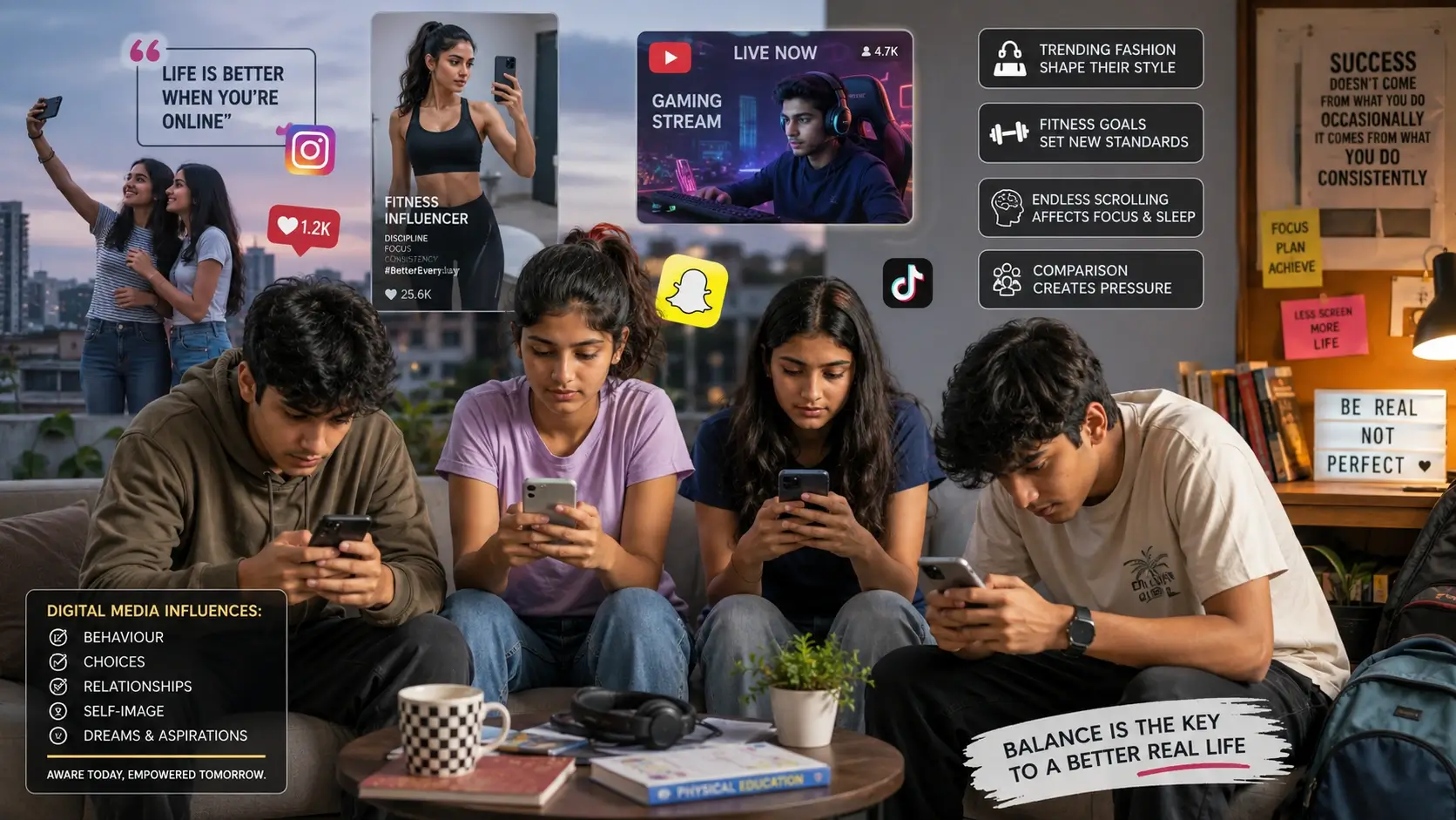 Teens looking at smartphones and influenced by digital media