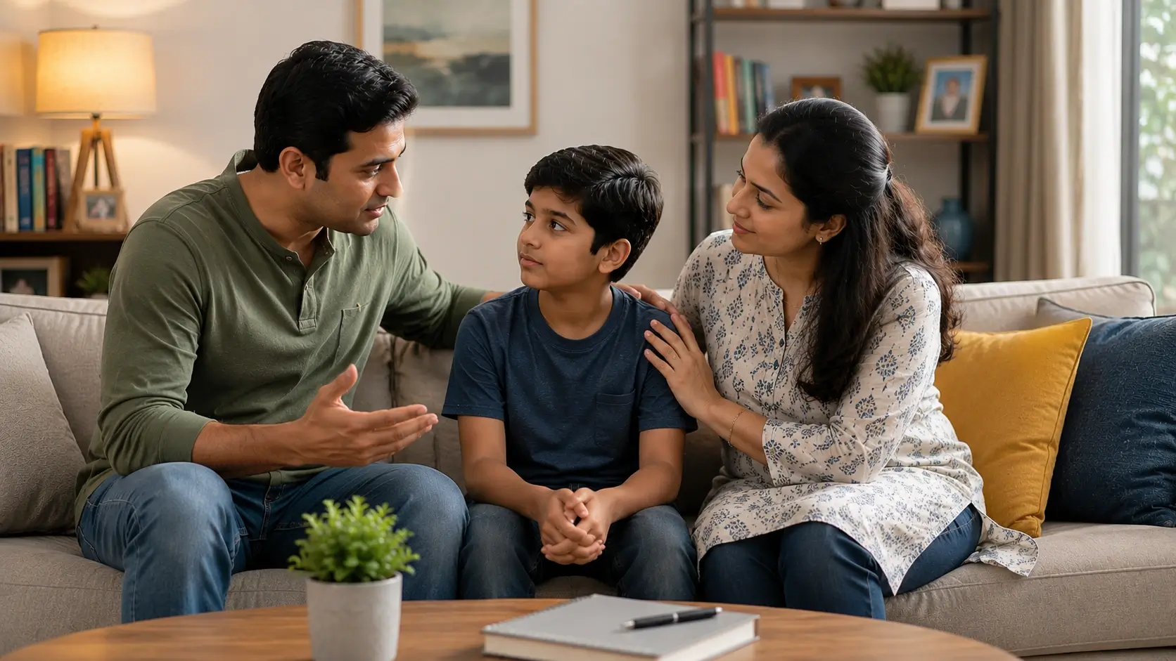Parents calmly guiding their child