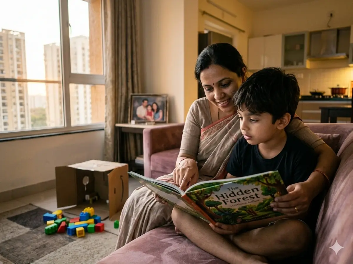 Parent and child reading a book together