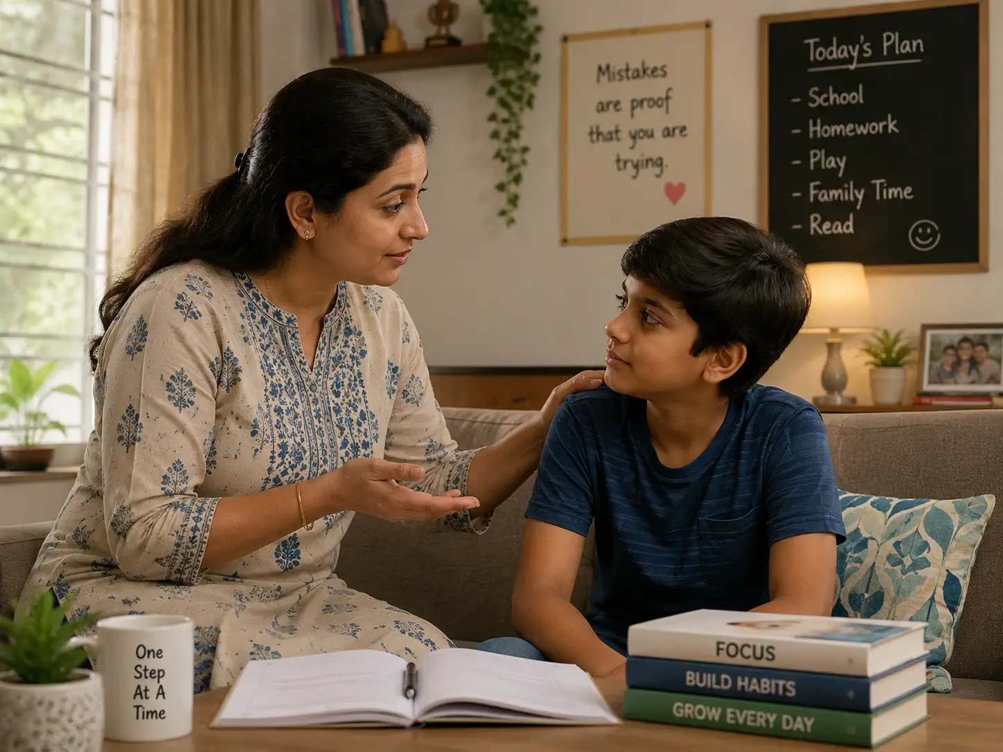 Parent calmly explaining something to a child instead of resorting to anger