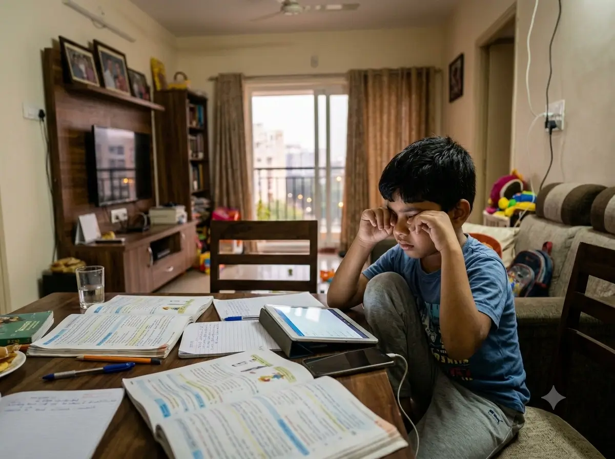 Child rubbing eyes due to screen strain