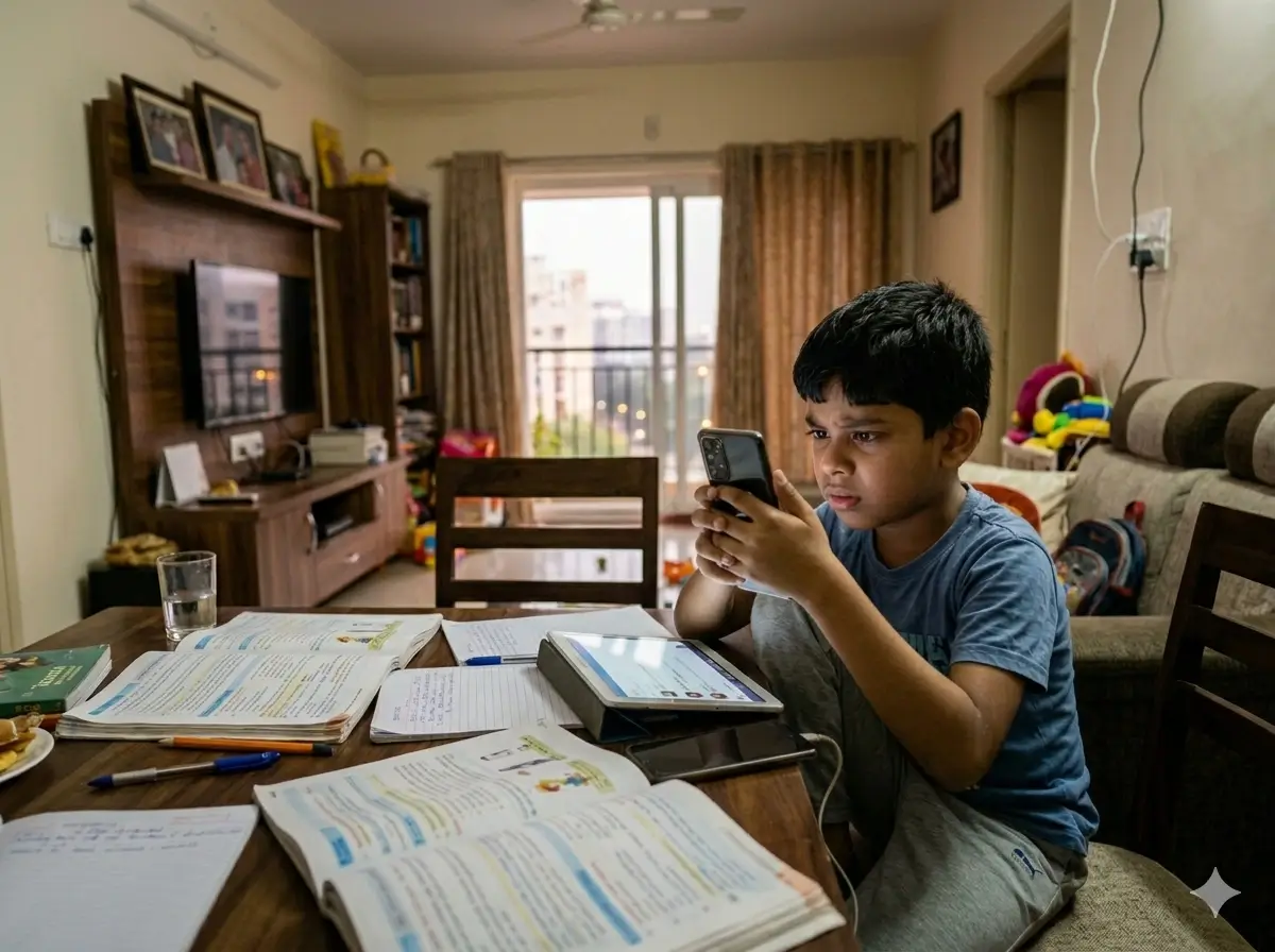 Anxious child looking at social media on phone