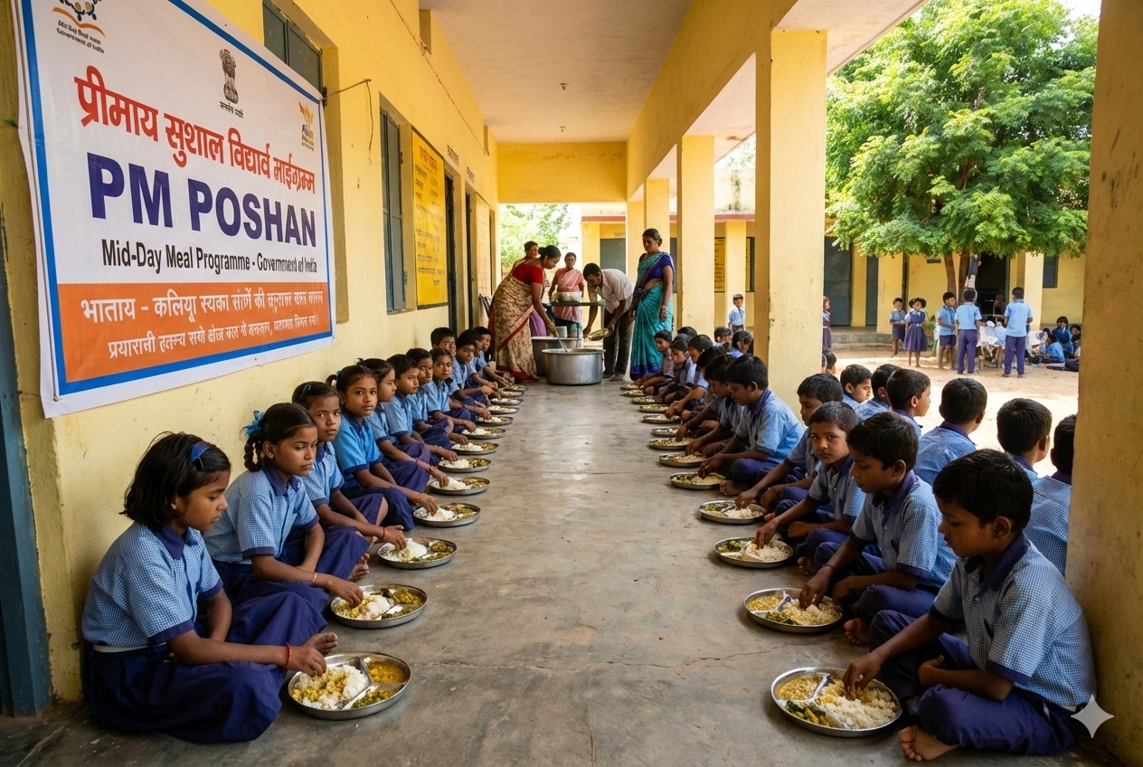PM POSHAN Mid-Day Meal Programme children eating at school