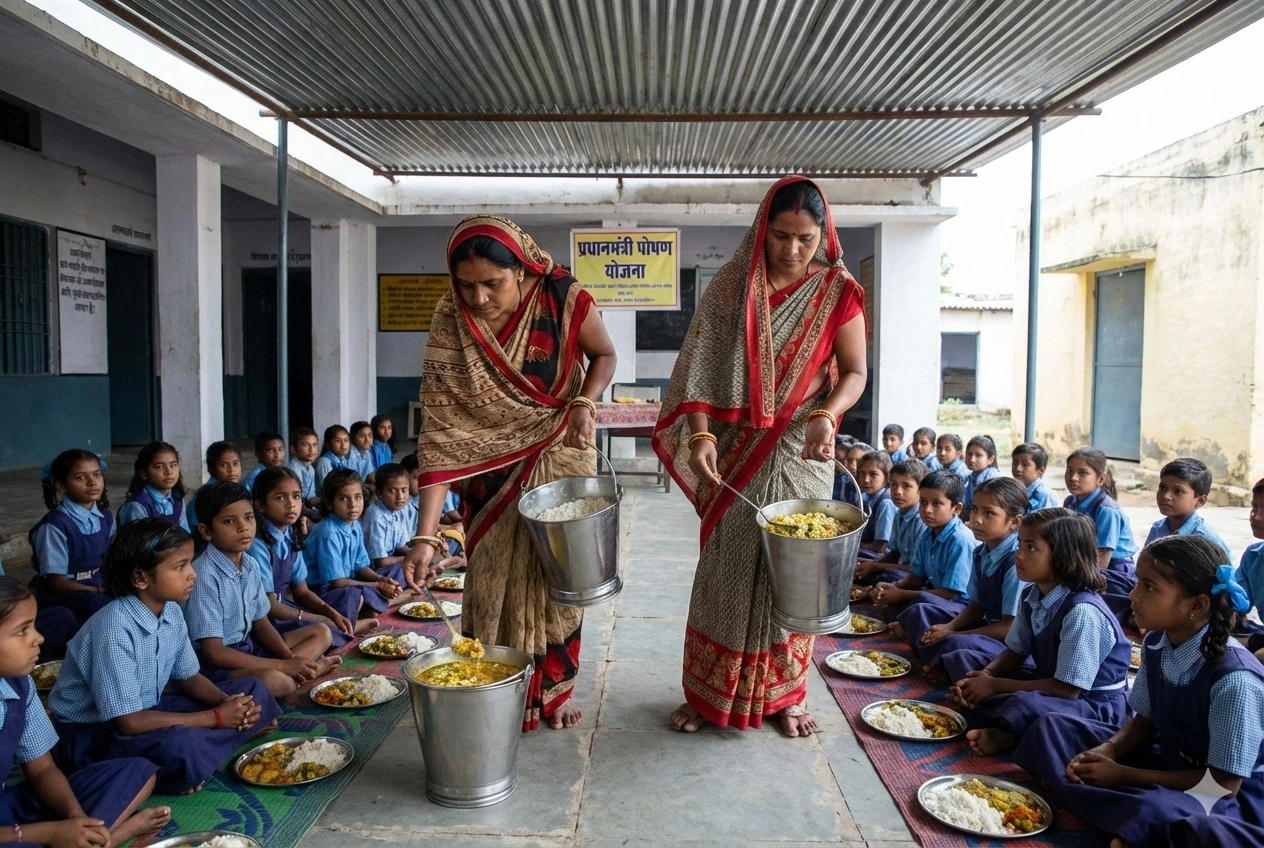 Nutritious mid-day meal being served to school children