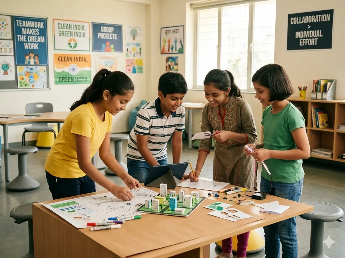 Children collaborating on projects together