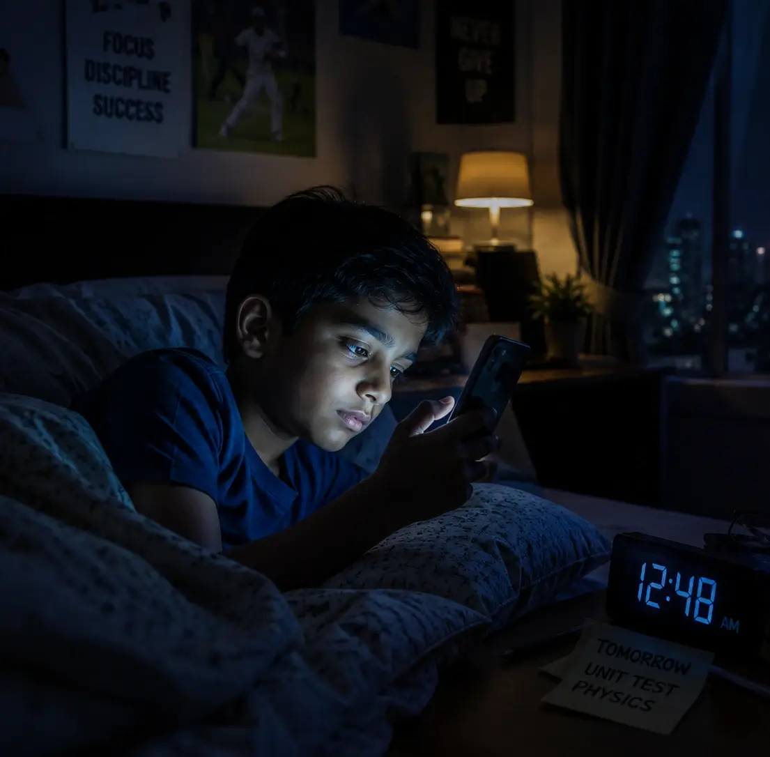 Child looking at phone screen in the dark