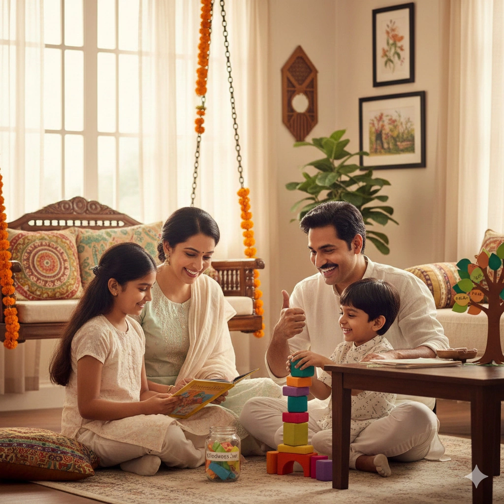 Indian family practicing positive parenting strategies