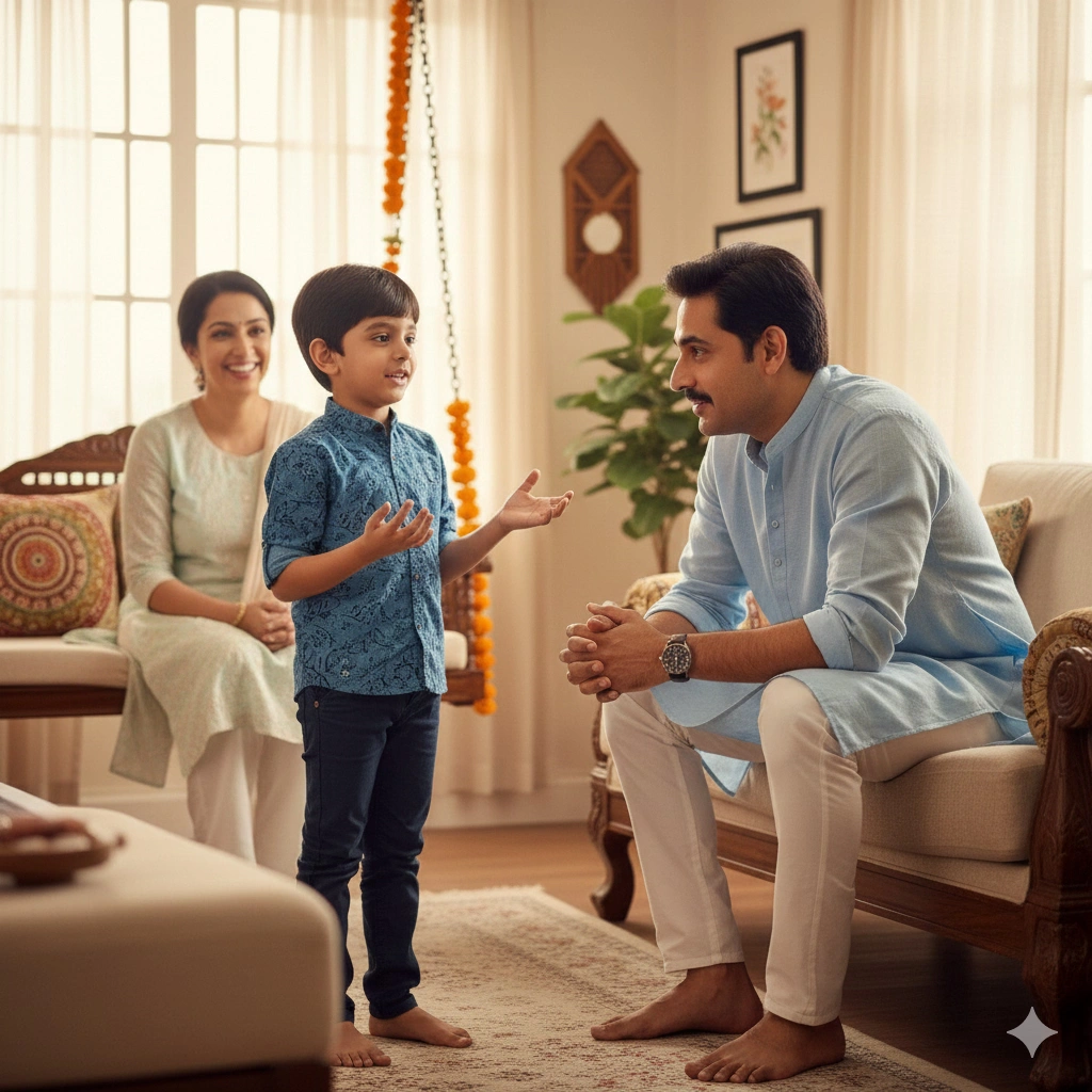 Indian parent listening attentively to child